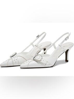 White Slingback Pointed Toe Heels with Buckle